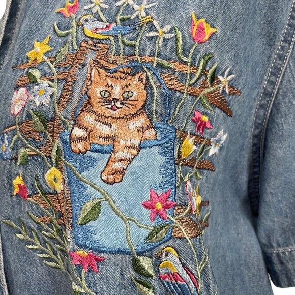 Vintage Cat Embroidered Denim Shirt Cottagecore Coquette Whimsical Floral - Picture 6 of 12